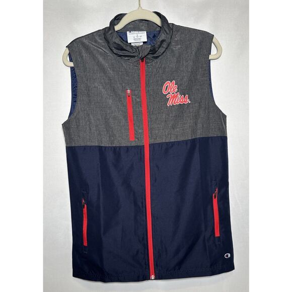 Champion Men's Sz S Ole Miss Rebels Blue Full Zip Light Vest Jacket Pockets EUC - Picture 1 of 9